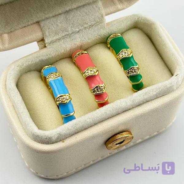 انگشتر میناکاری رنگی سه رنگ (آبی، صورتی، سبز) — تصویر 1