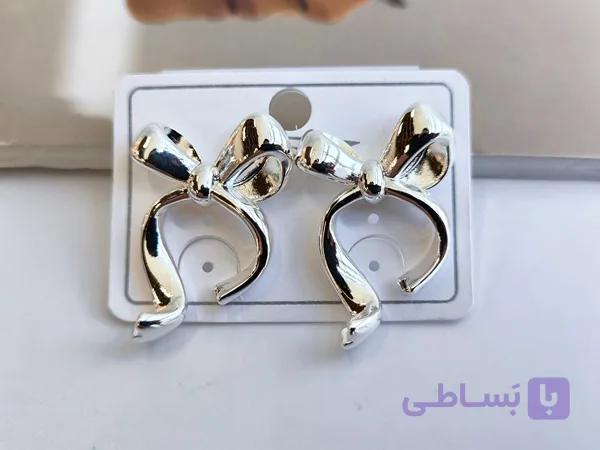 گوشواره پاپیونی نقره ای مینیمال استیل کد 10386 — تصویر 1