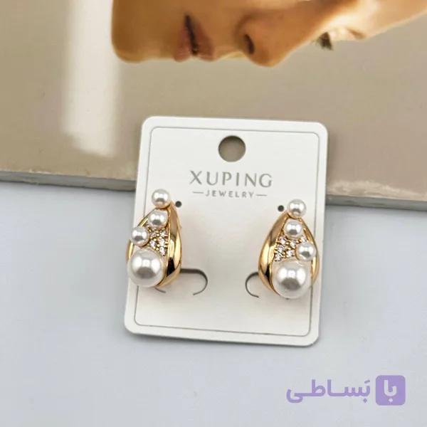 گوشواره طلایی مرواریدی با نگین ژوپینگ — تصویر 1