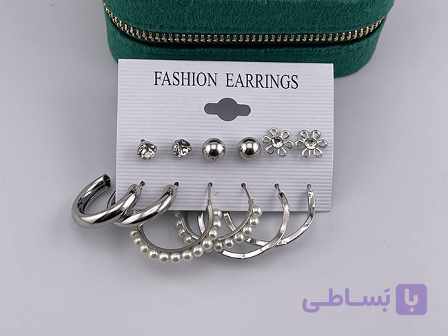 پک گوشواره حلقه‌ای و میخی نقره‌ای — تصویر 1