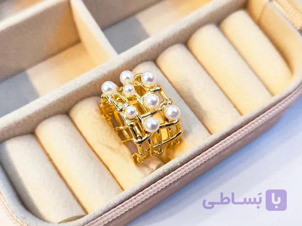 انگشتر مرواریدی دخترانه استیل طلایی — تصویر 1