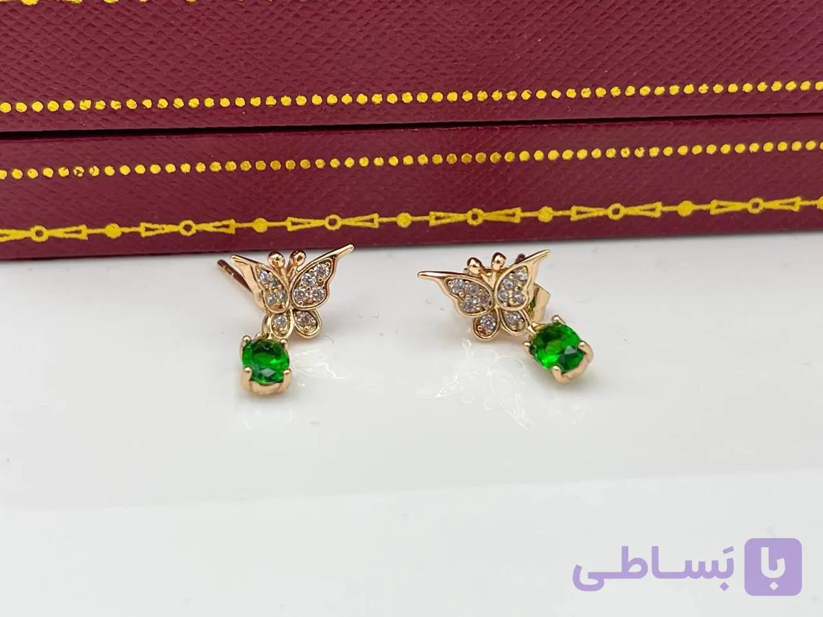 گوشواره ژوپینگ پروانه آویز نگین سبز — تصویر 1
