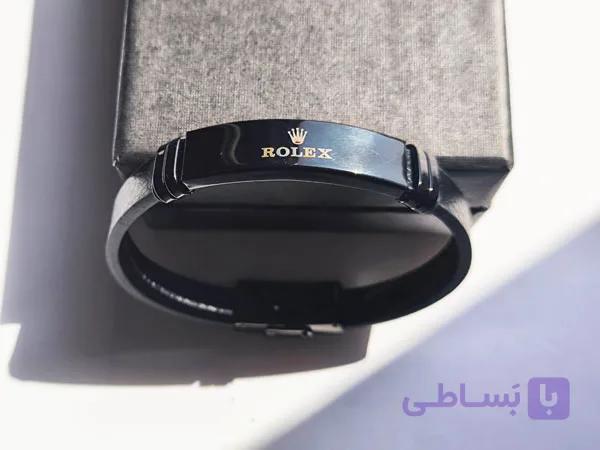 دستبند چرم رولکس پلاک مشکی — تصویر 1