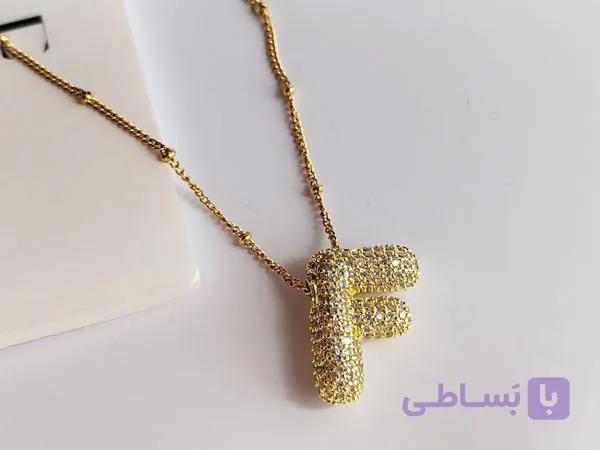 گردنبند حرف F نگین دار استیل — تصویر 1