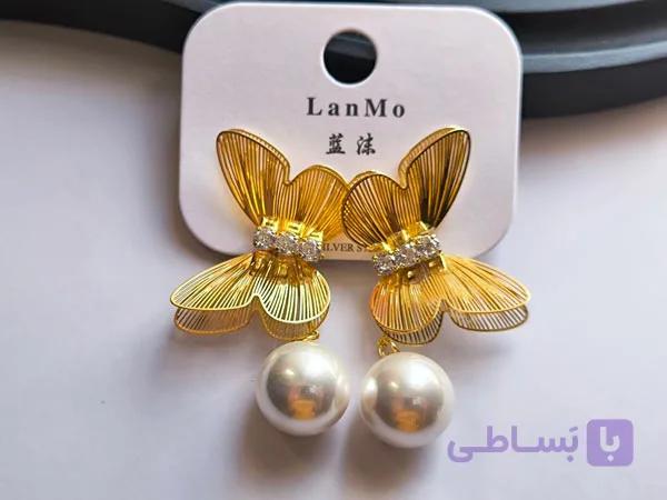 گوشواره پروانه طلایی آویز مرواریدی — تصویر 1