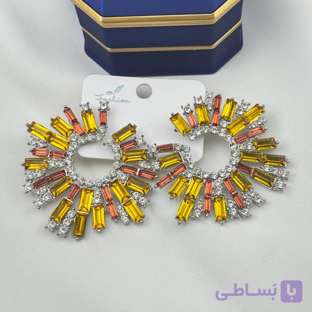 گوشواره مجلسی نگین‌دار رنگی مدل خورشیدی — تصویر 1