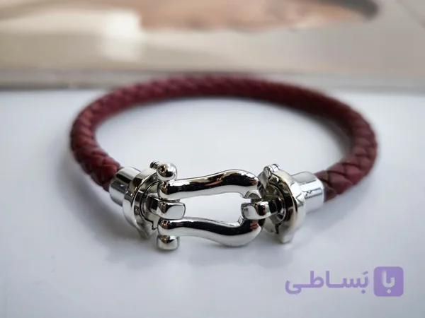 دستبند چرم قفل فرد ساده نقره ای کد 10710 — تصویر 1