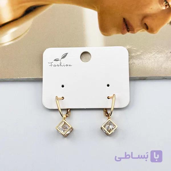گوشواره آویزی ژوپینگ مکعبی طلایی با نگین کریستالی — تصویر 1