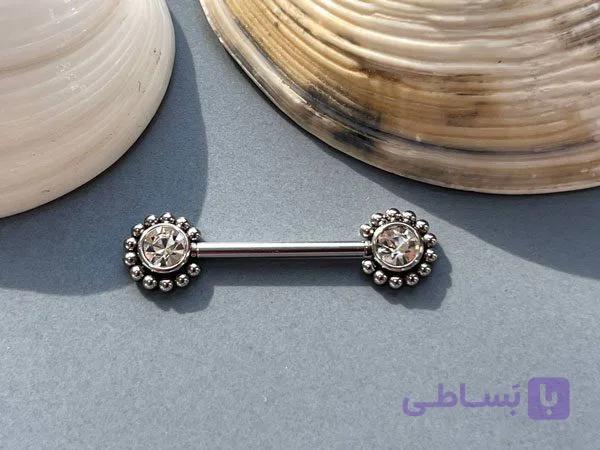 پیرسینگ نیپل نقره ای نگین دار — تصویر 1
