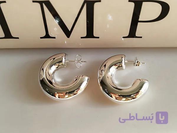 گوشواره نیم دایره مینیمال نقره ای کد 10359 — تصویر 1