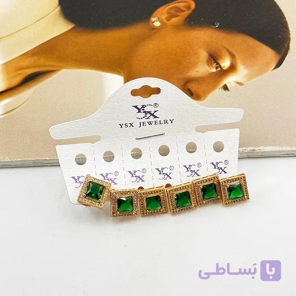 گوشواره مربعی نگینی با سنگ سبز — تصویر 1