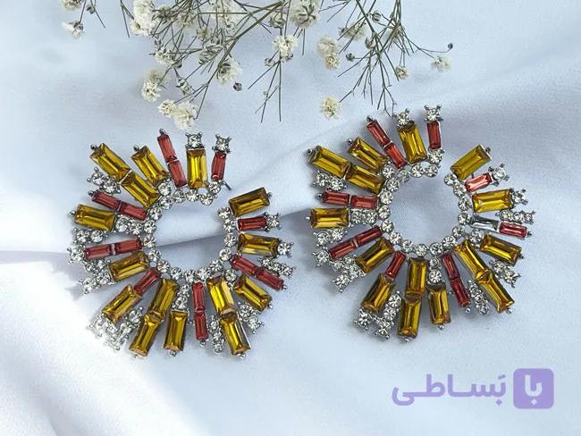 گوشواره مجلسی نگین زرد و نارنجی کد GO212 — تصویر 1