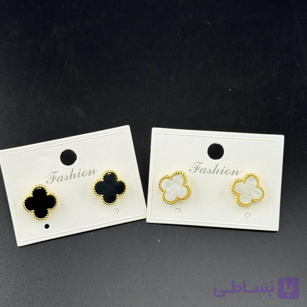 گوشواره میخی طرح ونکلیف مشکی و سفید صدفی — تصویر 1
