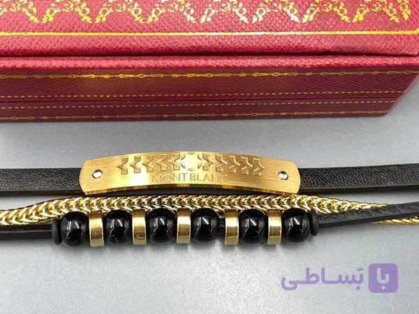 دستبند چرم مشکی مون بلان قاب طلایی — تصویر 1