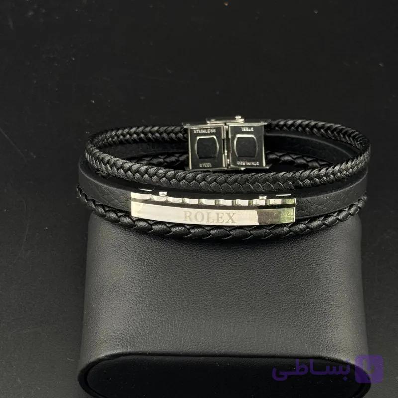 دستبند چرم مردانه طرح رولکس (Rolex) | مدل سه ردیفه با پلاک استیل — تصویر 1