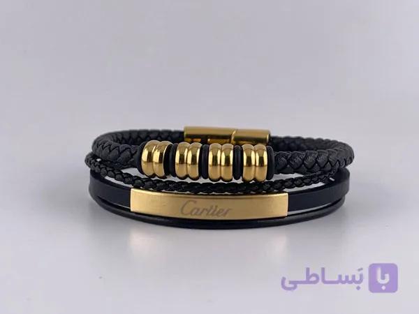 دستبند چرم کارتیر مردانه با حلقه و پلاک طلایی — تصویر 1