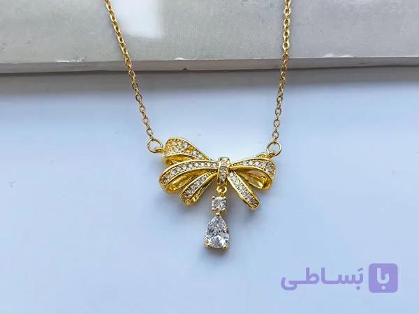 گردنبند پاپیون طلایی آویز تک نگین 10434 — تصویر 1