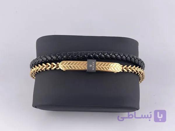 دستبند چرم و استیل رولکس طلایی — تصویر 1