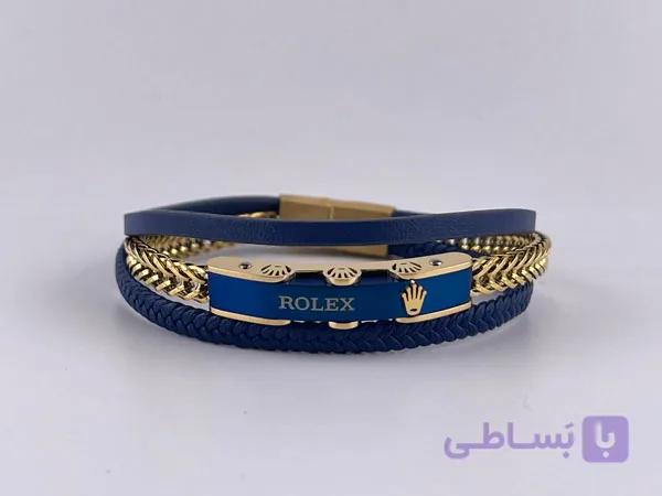 دستبند سه لاین چرم آبی و استیل طلایی رولکس — تصویر 1