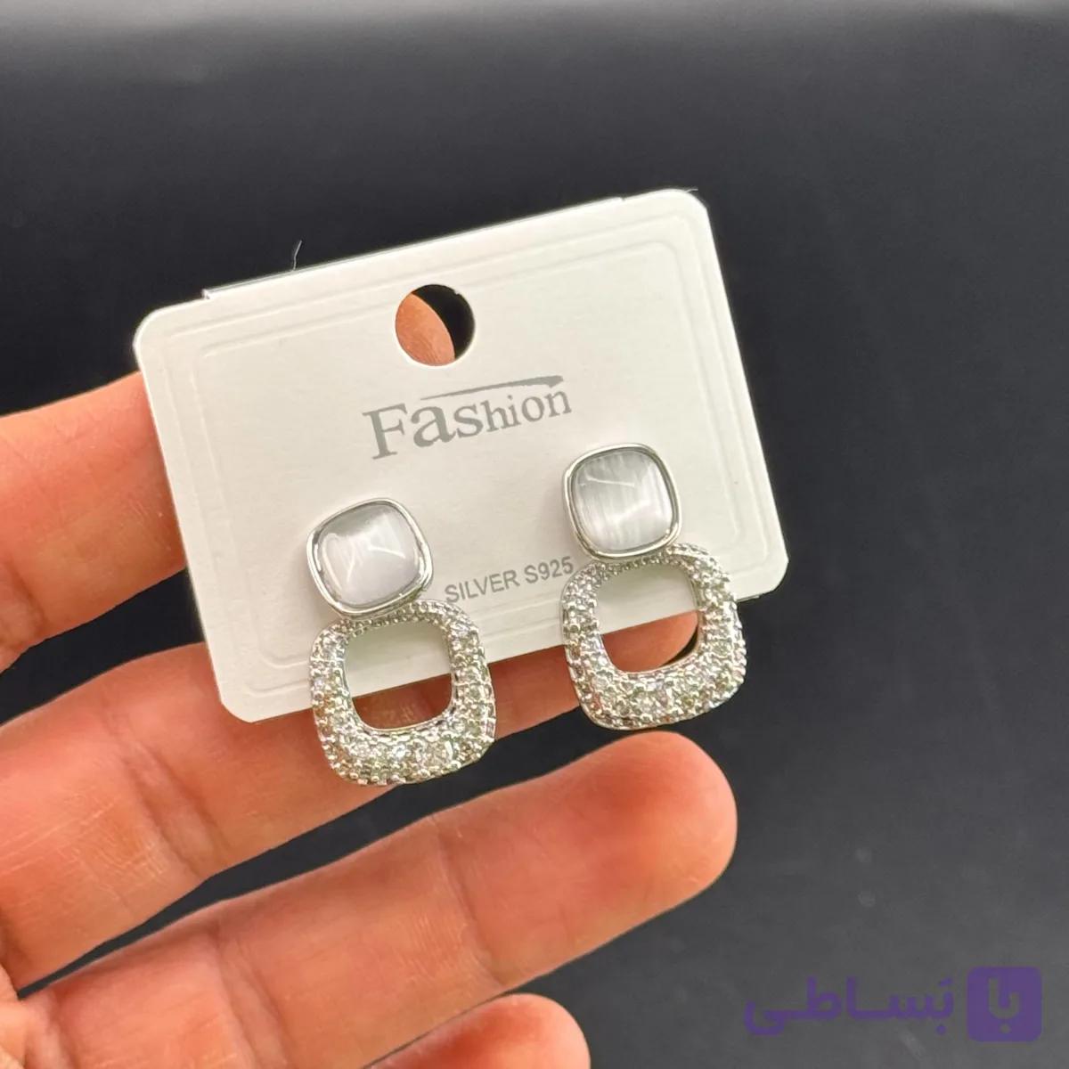 گوشواره آویز طرح مربع تمام‌ نگین — تصویر 1
