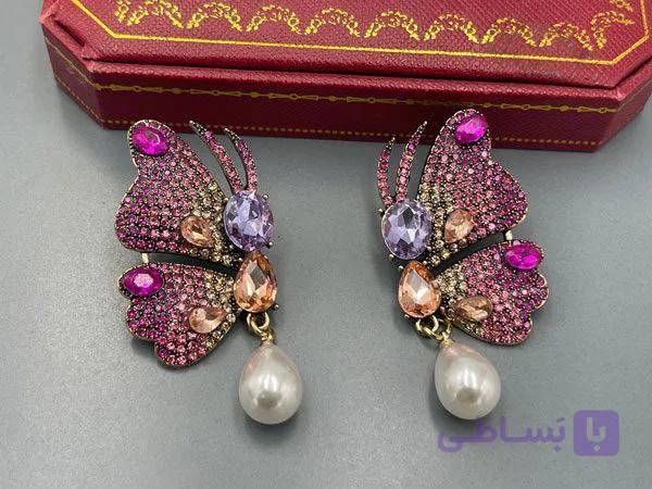 گوشواره نگین کاری پروانه صورتی — تصویر 1