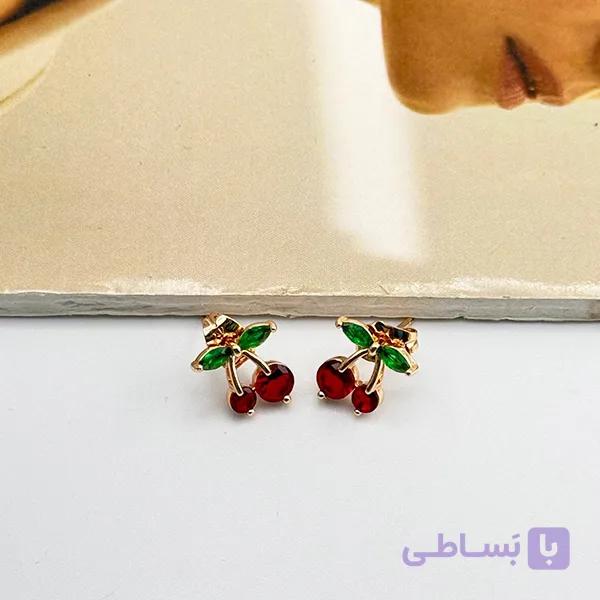 گوشواره ژوپینگ میخی گیلاس با لعاب قرمز و برگ‌های سبز — تصویر 1