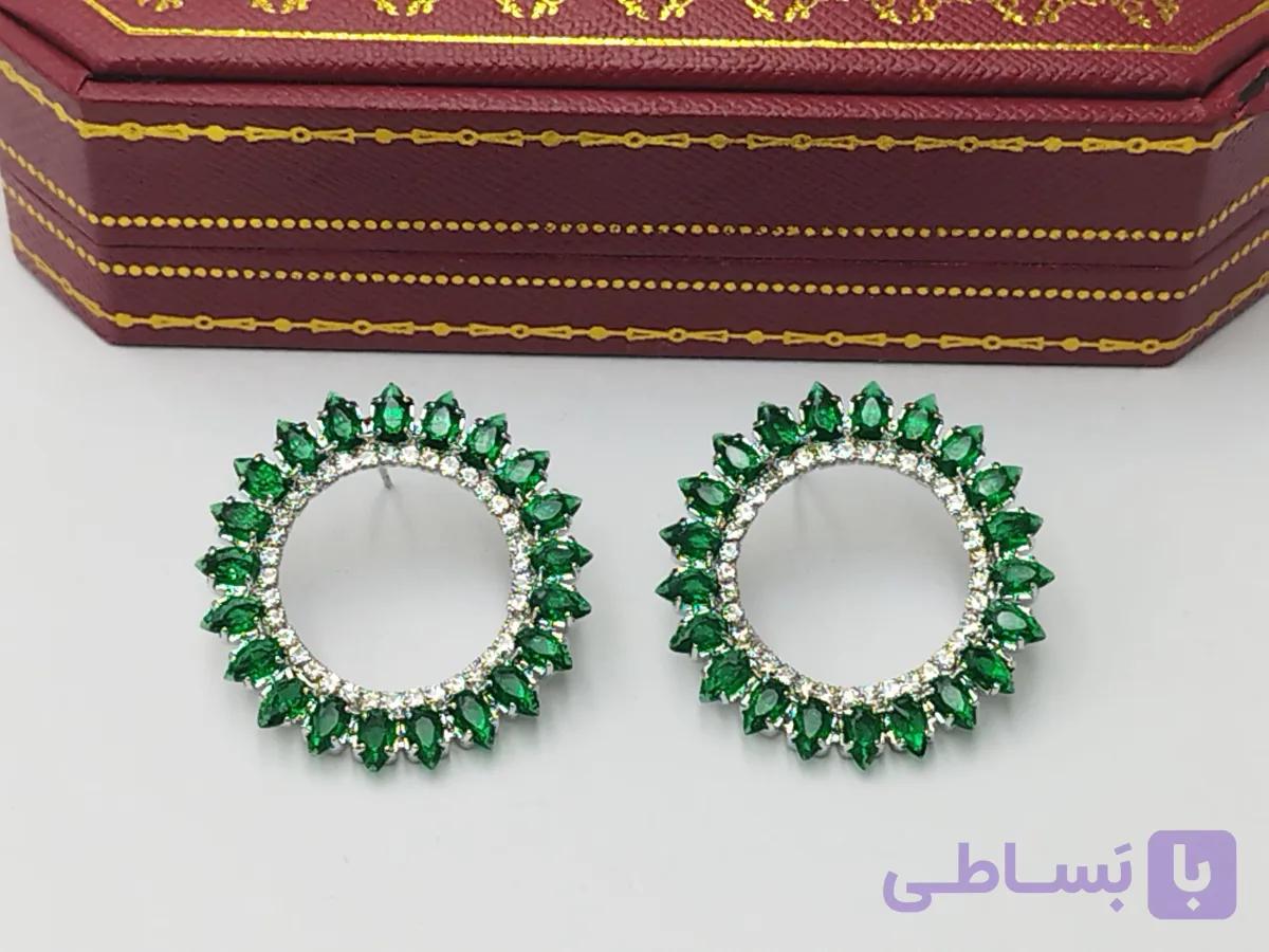 گوشواره گرد فول نگین سبز کد gh34 — تصویر 1