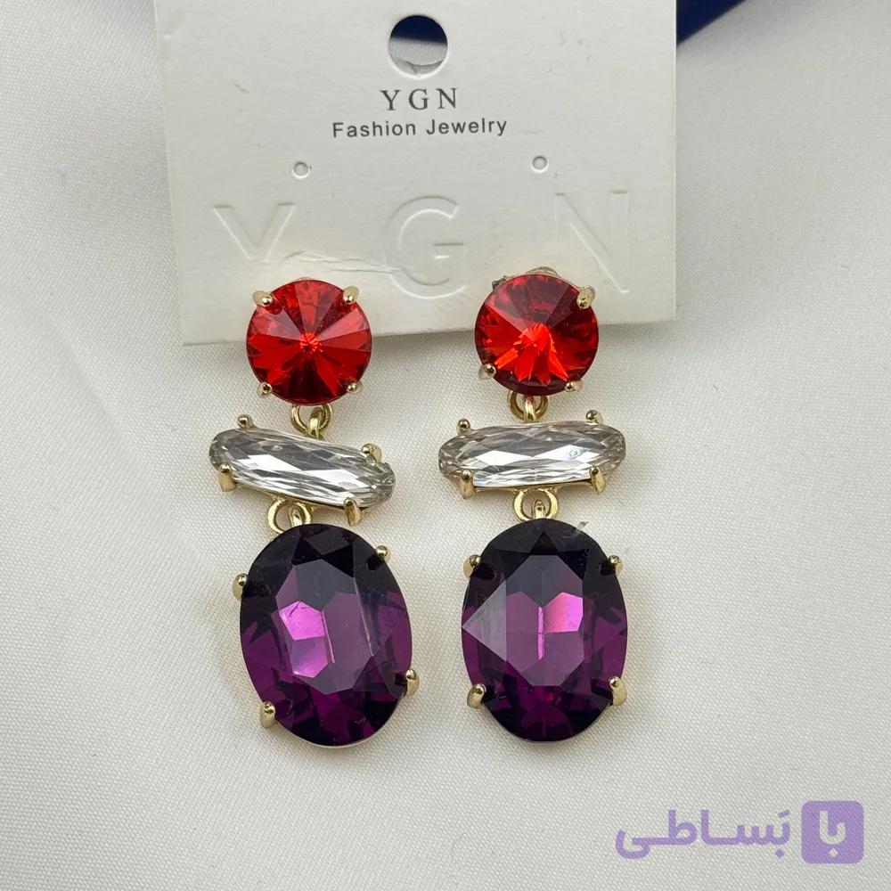 گوشواره لوکس نگین‌دار قرمز و بنفش — تصویر 1