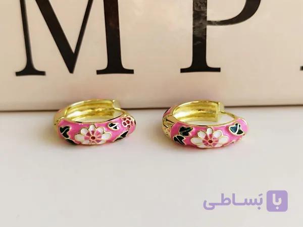 گوشواره میناکاری صورتی حلقه ای طرح گل کد 10403 — تصویر 1