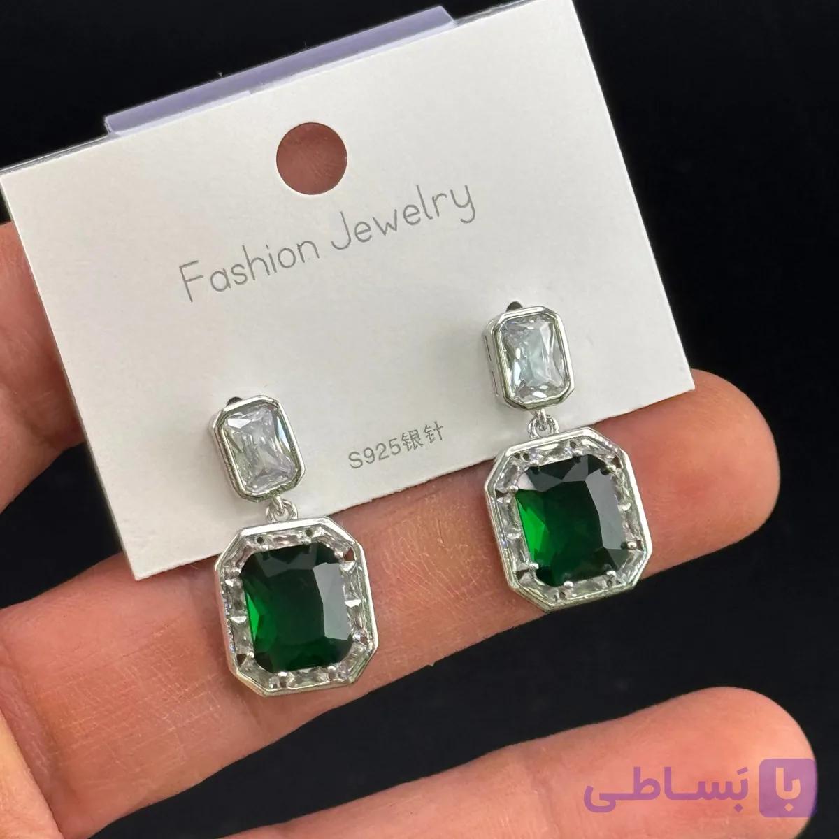 گوشواره آویز سنگ سبز زمردی — تصویر 1