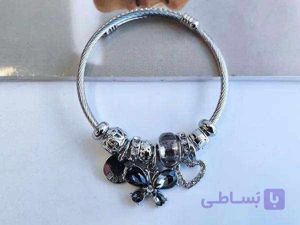دستبند پاندورا پروانه نگین طوسی دخترانه کد 10642 — تصویر 1