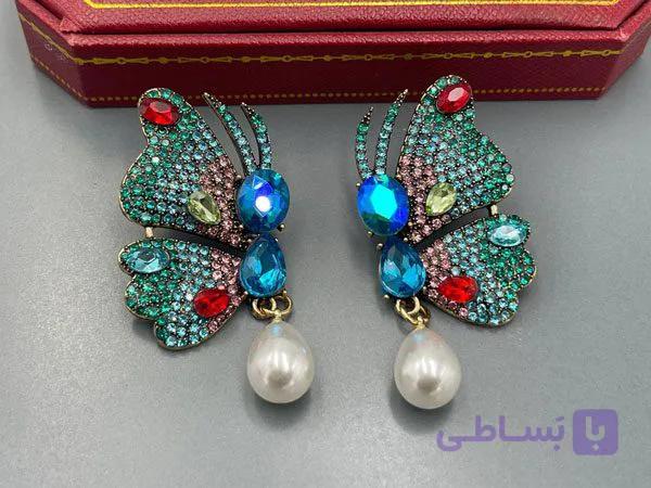 گوشواره نگین کاری پروانه سبز — تصویر 1