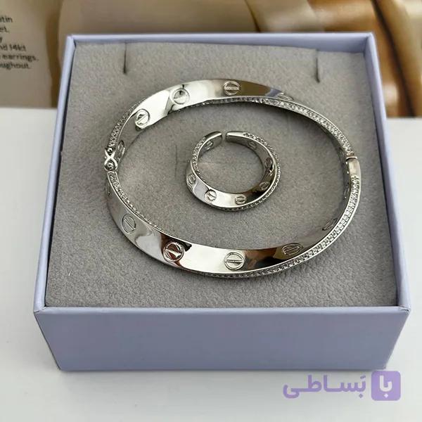 ست دستبند و انگشتر کارتیر نقره‌ای نگین‌دار — تصویر 1