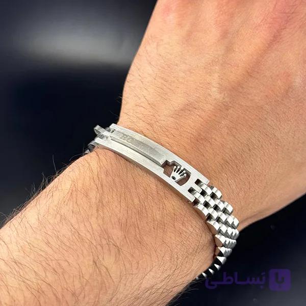 دستبند رولکس استیل نقره‌ای با پلاک برند — تصویر 1