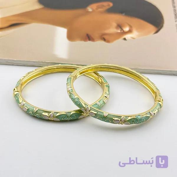 دستبند میناکاری سبز با گل سفید — تصویر 1