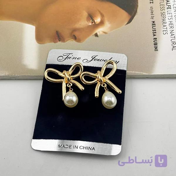 گوشواره طلایی پاپیون با آویز مروارید ژوپینگ — تصویر 1