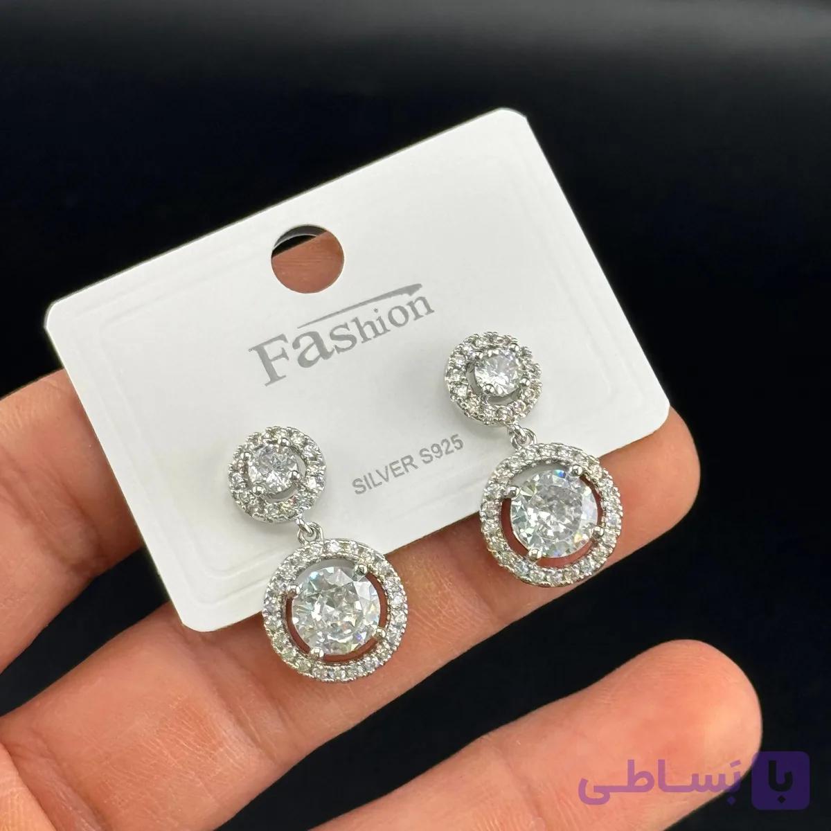 گوشواره جواهری تک نگین مربعی آویز — تصویر 1