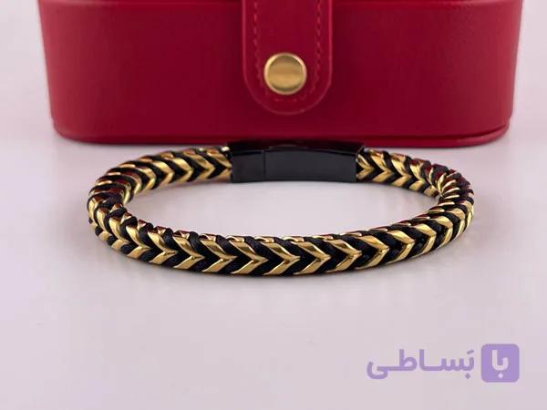 دستبند طرح بافت و استیل مشکی طلایی — تصویر 1
