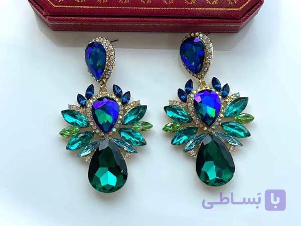 گوشواره طرح برگ با کریستال آبی و سبز — تصویر 1