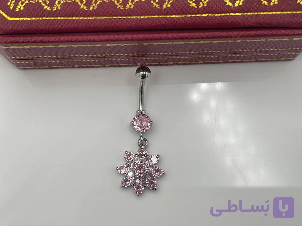 پیرسینگ ناف طرح گل نگین صورتی