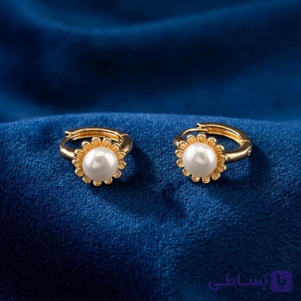 گوشواره ژوپینگ طلایی گل مرواریددار — تصویر 1