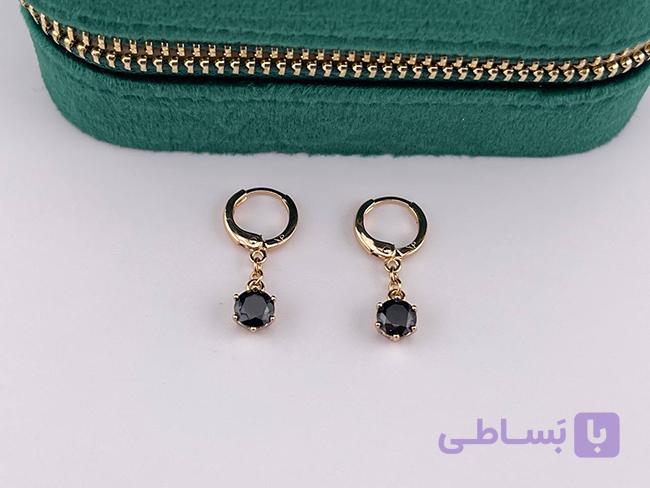 گوشواره حلقه ای با آویز نگین مشکی — تصویر 1