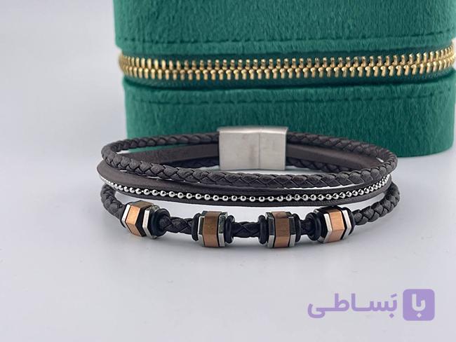 دستبند سه لاین چرم مردانه طرح بافت — تصویر 1