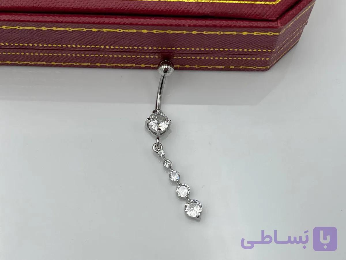 پیرسینگ ناف گل با آویز بلند نگینی — تصویر 1