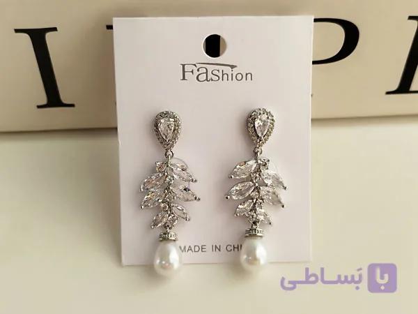 گوشواره برگ با آویز مروارید کد 10376 — تصویر 1