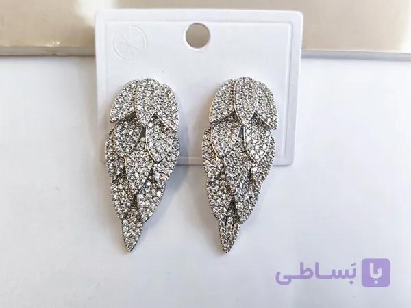 گوشواره طرح برگ نگین مخراج استیل کد 10742 — تصویر 1