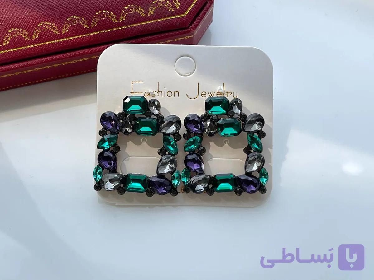 گوشواره مربعی سبز بنفش — تصویر 1
