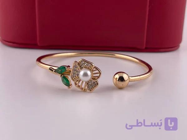 بنگل زنانه گل و گوی ساده طلایی — تصویر 1