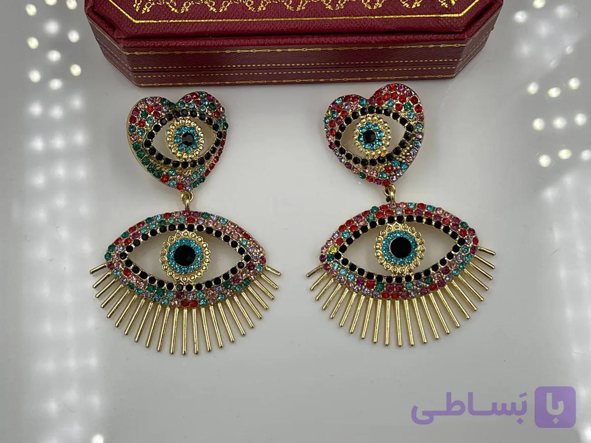گوشواره طرح قلب و چشم نگین رنگی — تصویر 1