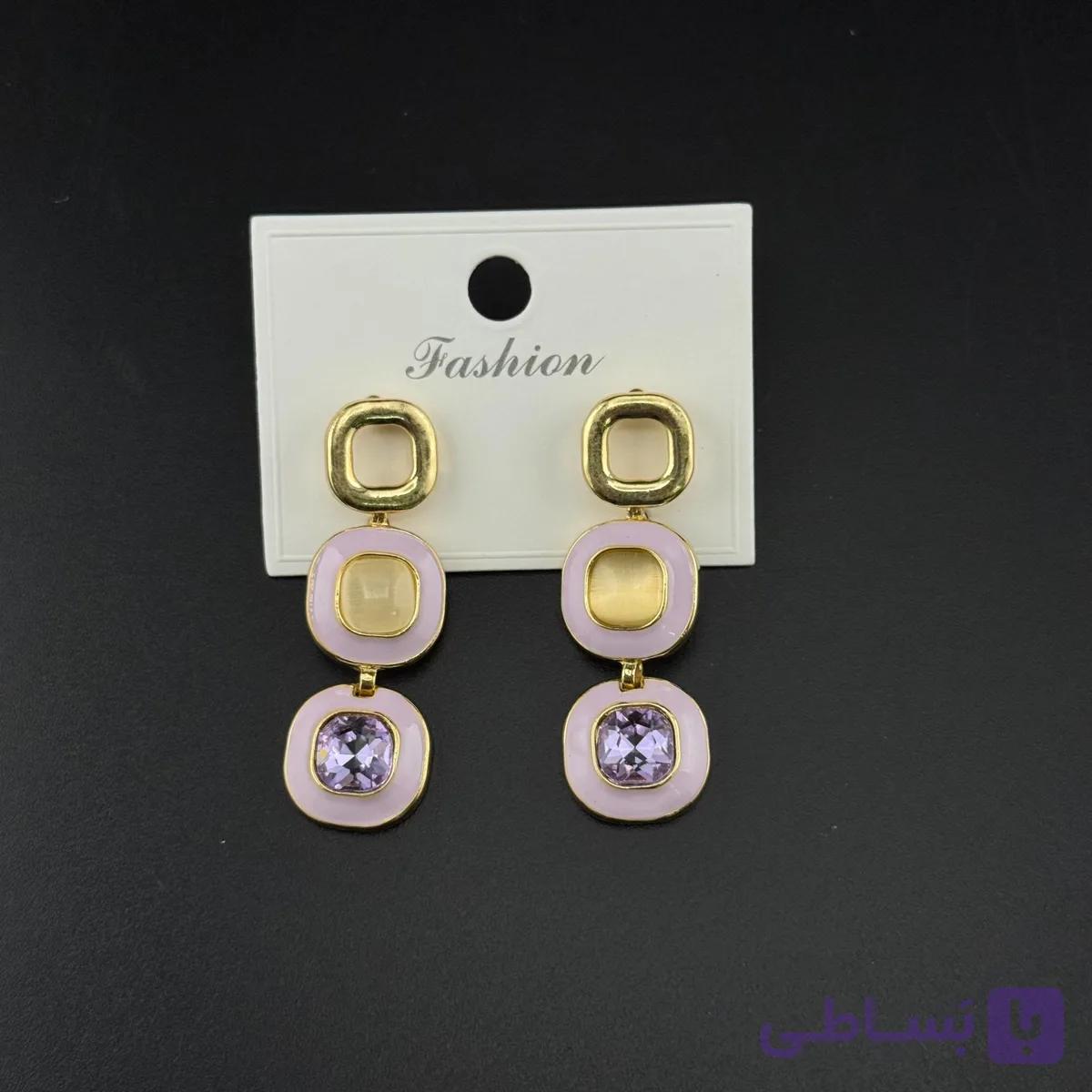 گوشواره سه‌تکه یاسی و طلایی با نگین بنفش — تصویر 1